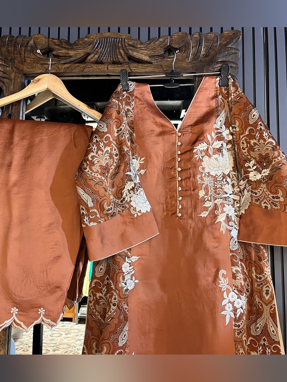 Embroidered Rust Satin Kurta Set with Paisley Sleeve Detail